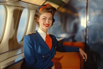 Vintage flight attendant in classic uniform, smiling inside an airplane cabin, representing 1950s...