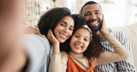 Parents, child and selfie on sofa for portrait with love or care, relax and family bonding for memory or connection. Mom, dad and girl together in home for comfort or safety on weekend, hug and joy.