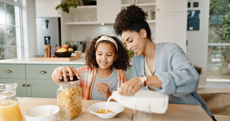 Mother, child and breakfast cereal in morning for healthy nutrition with calcium milk, preparing or...