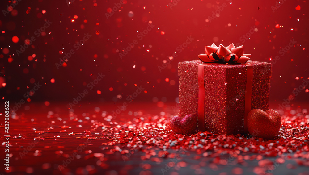 Poster red gift box with ribbon and bow on a red background extreme closeup. generative ai