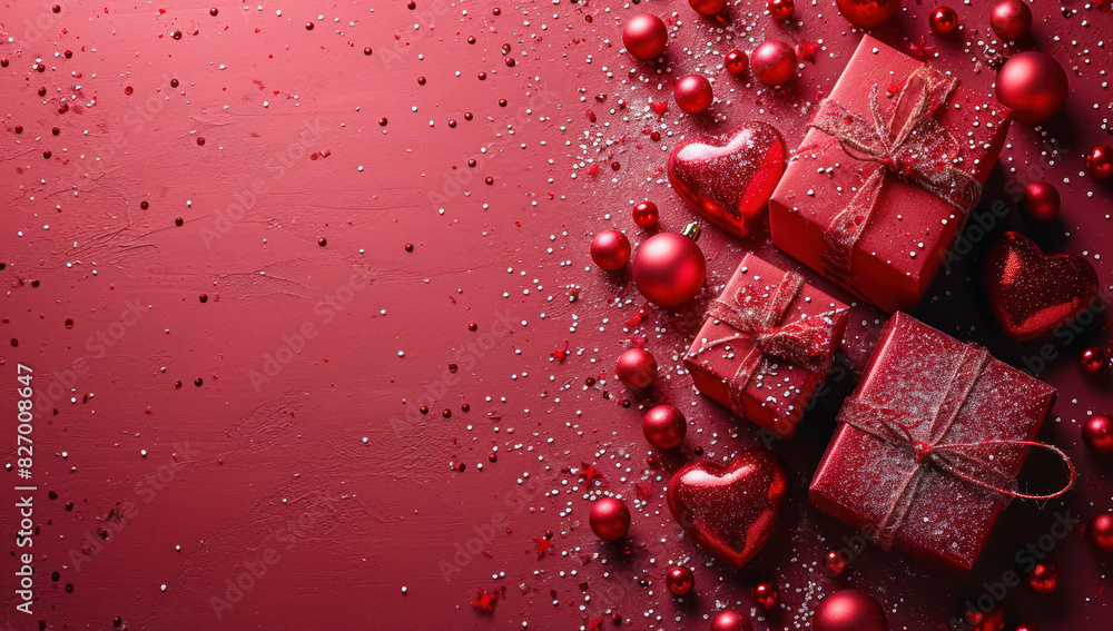 Poster red gift box with ribbon and bow on a red background extreme closeup. generative ai