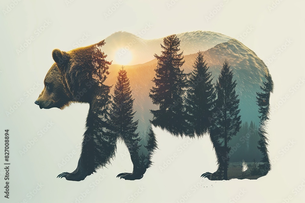 Poster bear silhouette featuring double exposure with forest trees. animal in nature