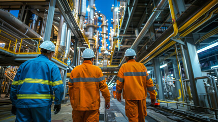 Three industrial engineers in safety gear walk through a large chemical plant, illuminated by vibrant night lights.