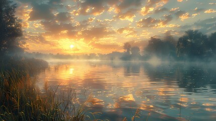 peaceful riverside scene at dawn, where the water reflects the soft fluffy hues of the morning sky