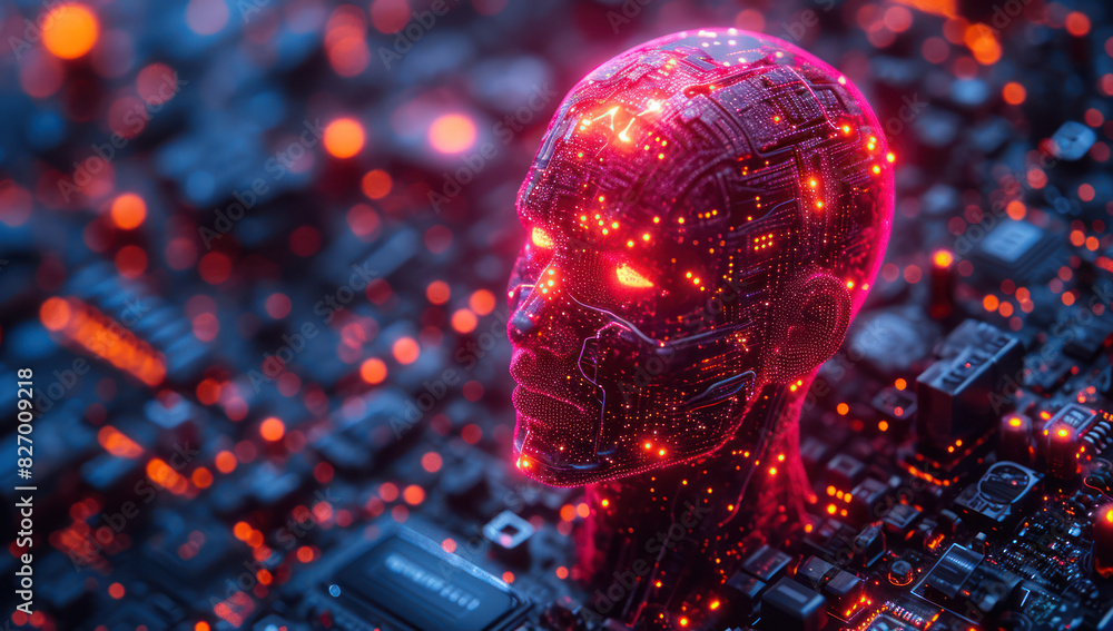 Poster AI Head with a Neuroma Hologram on a Computer Circuit Board extreme closeup. Generative AI