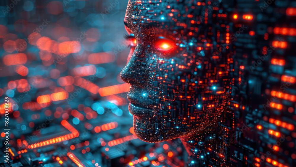 Leinwandbilder ai head with a neuroma hologram on a computer circuit board extreme closeup. generative ai