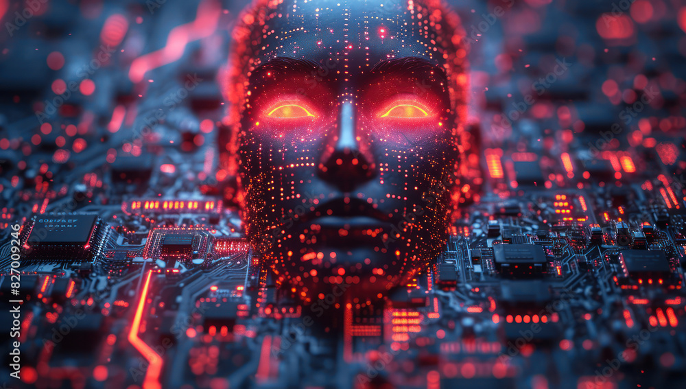 Leinwandbilder ai head with a neuroma hologram on a computer circuit board extreme closeup. generative ai