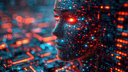 AI Head with a Neuroma Hologram on a Computer Circuit Board extreme closeup. Generative AI