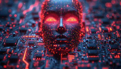 AI Head with a Neuroma Hologram on a Computer Circuit Board extreme closeup. Generative AI