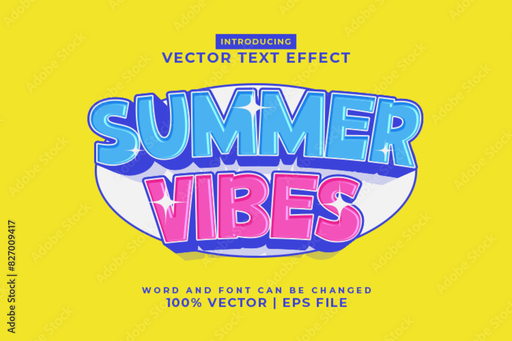 Poster editable text effect summer vibes 3d cartoon template style premium vector