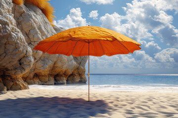 Sunshade Umbrella on a Sea Sand Beach extreme closeup. Generative AI