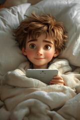Cute Cartoon Boy Lying in Bed with a Tablet PC in His Hands extreme closeup. Generative AI