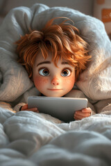 Cute Cartoon Boy Lying in Bed with a Tablet PC in His Hands extreme closeup. Generative AI