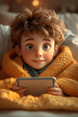 Cute Cartoon Boy Lying in Bed with a Tablet PC in His Hands extreme closeup. Generative AI