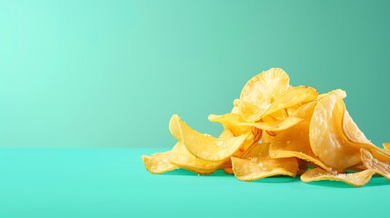 Crispy golden potato chips on a vibrant green background, perfect for snack food concepts and advertisements.