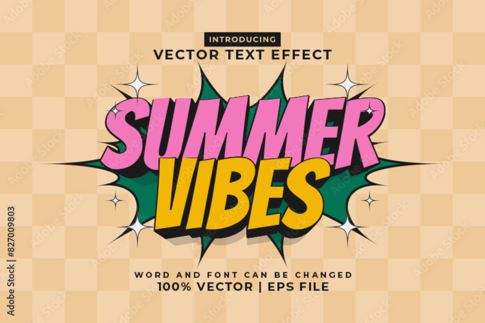 Poster editable text effect summer vibes 3d cartoon template style premium vector