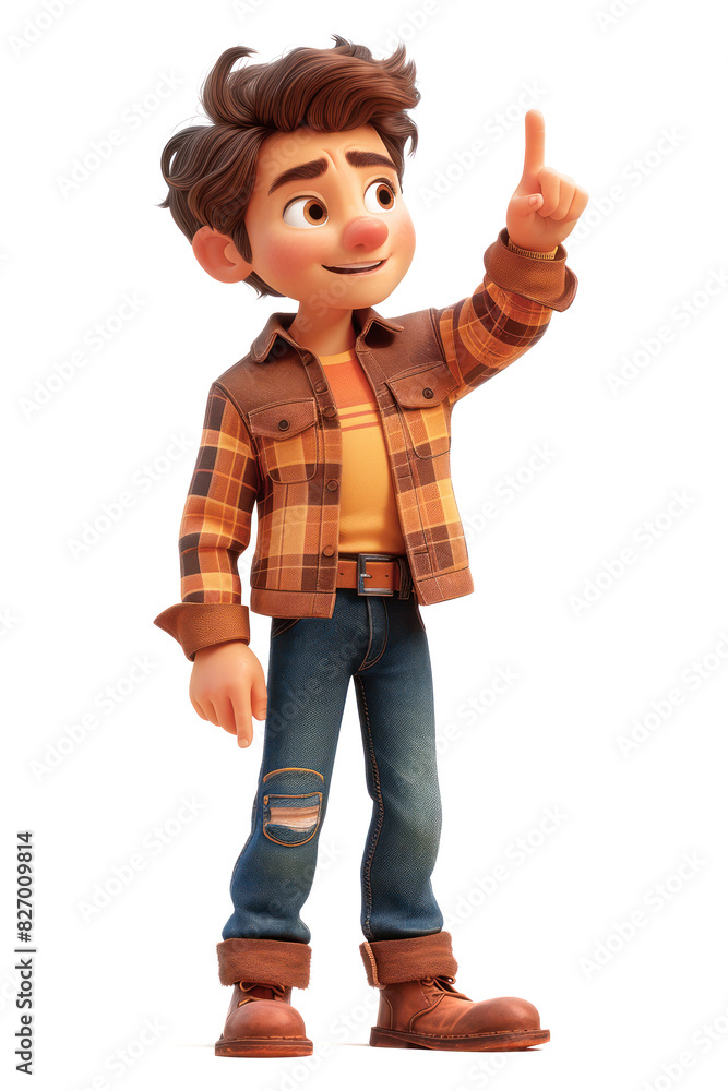 Poster cartoon man points a finger at an empty place extreme closeup. generative ai