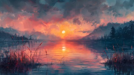 peaceful sunset overcalm lake in soft liquid hues