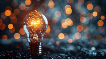 A close-up of a glowing light bulb with the filament forming the word symbol izing personal inspiration.