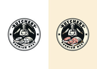 Butcher shop retro labels, badges, emblems, logo. Steak House, Meat shop, butchery. Meat business logo templates. Vector illustration