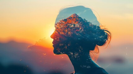 Generate a photo of a woman looking at the sunset with a mountain range in the background. The woman should be in silhouette and the colors should be vibrant. - Powered by Adobe