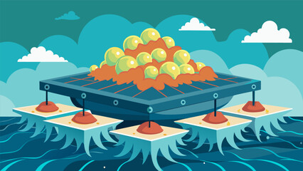 An array of motioncapturing plates resembling a bed of giant barnacles covers the sides of a stationary platform harnessing the energy of the waves. Vector illustration