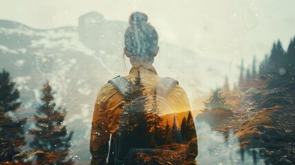 Fototapeta premium Capture the essence of a woman standing in the rain, with a beautiful landscape of mountains and trees in the background