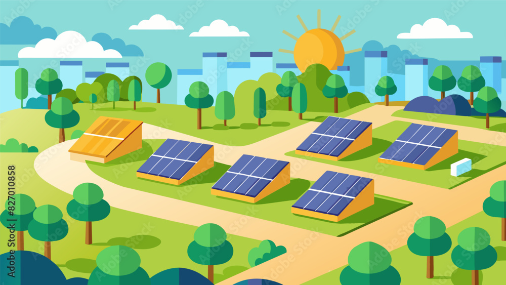Poster a local park transformed into a mini solar farm with rows of panels soaking up the suns rays to powe