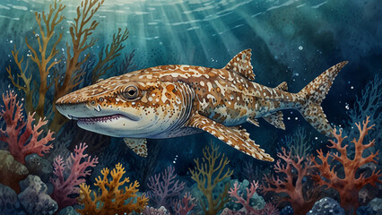 Watercolor painting: A spotted wobbegong shark camouflaged on the ocean floor, its intricate pattern and ambush hunting technique a fascinating example of adaptation.