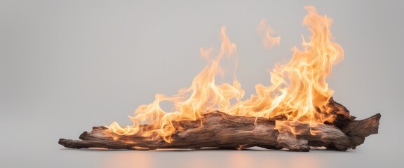 Fototapeta premium Burning driftwood log with bright flames on gray background, showcasing fire and natural elements.