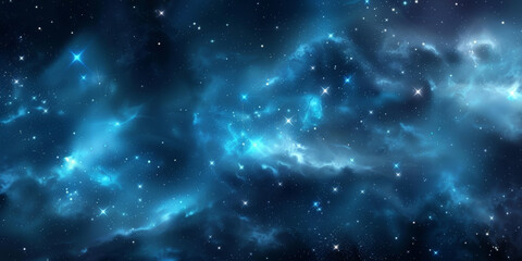 Blue starry galaxy with nebulae and bright stars, showcasing a stunning cosmic landscape filled with vibrant colors and twinkling lights, perfect for space-themed designs and projects.
