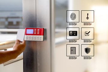 Hand scanning proximity ID card on reader access control system for door unlock with security icons for identity or verification identify for safety detect fingerprint scan or check attendance.