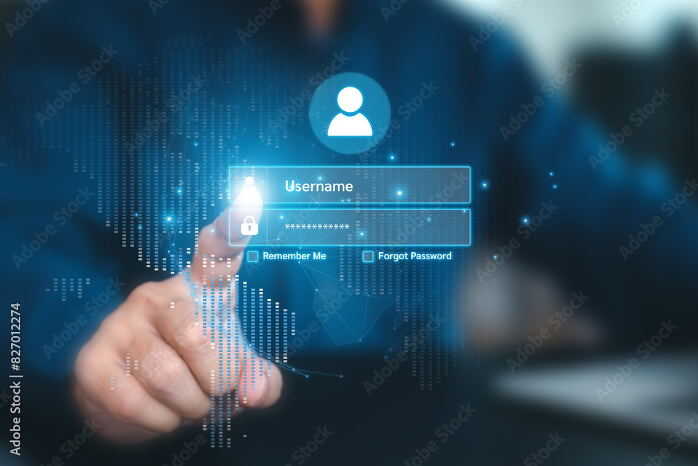Poster businessman and screen login username and password identity or sign up register of cyber security in