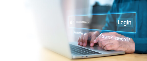 Businessman and screen login username and password identity or sign up register of cyber security internet access join social or personal data protection or forget pass key unlock.