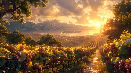 scenic vineyard with grapes glowing in soft liquid hues