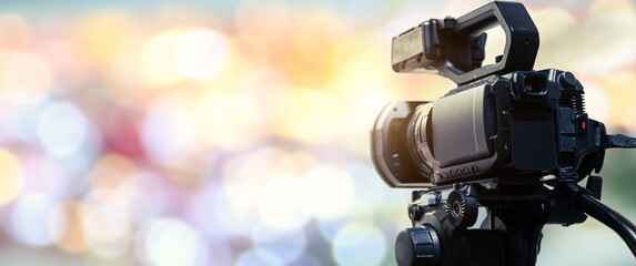 Video camera with blur background for journalist interview broadcasting reporter news or press...