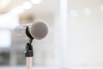 Fototapeta premium Microphone for press conference speaker report interview concepts or broadcasting public speaking speech presentation stage performance and reporter news with empty copy space background.