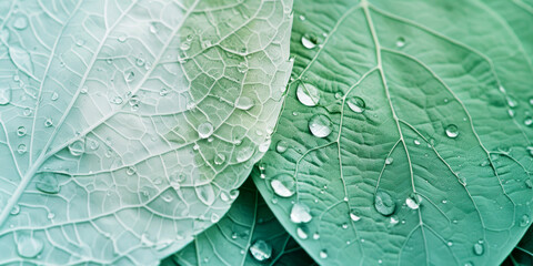Water drops on texture green leaf background. Forest foliage after rain.