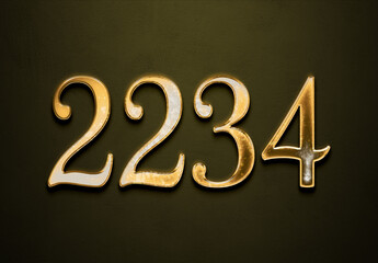 Old gold effect of 2234 number with 3D glossy style Mockup.