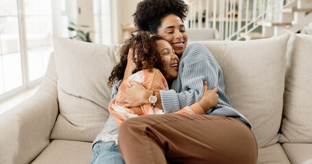 Happy, family hug and mother on sofa at home with smile, living room and bonding together with...