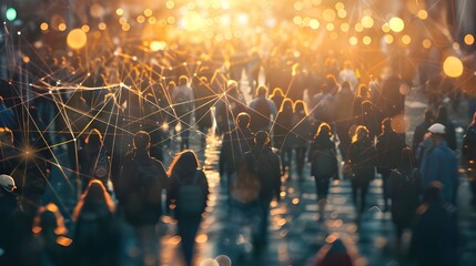 The view of a crowd with a network of connections highlights the integration of big data and smart city technologies, showcasing the potential of a fully connected