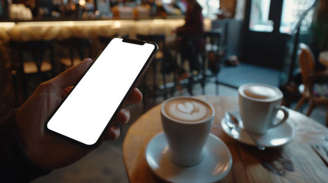 A close-up of a hand holding a smartphone with a blank screen against a cozy coffee shop background - Powered by Adobe