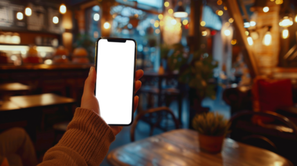 A close-up of a hand holding a smartphone with a blank screen against a cozy coffee shop background