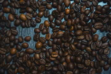 Colorful background with coffee beans in close-up