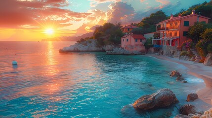 serene coastal town undersky of soft liquid hues