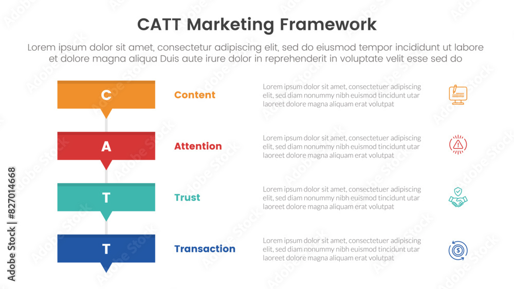 Poster catt marketing framework infographic 4 point stage template with rectangle box stack with small arrow bottom for slide presentation