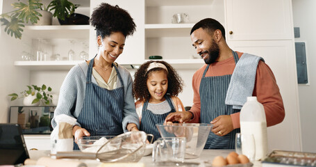 Family, child and baking in kitchen or home, cooking and learning together with parents in...