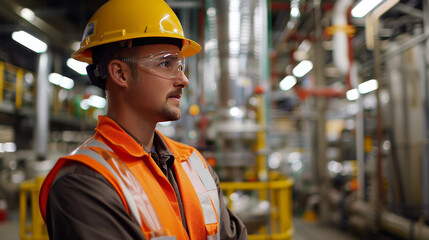 A worker wearing a hard hat and safety vest is standing in a factory, observing the industrial environment.