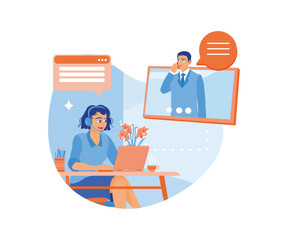 Female hotline operator providing services to clients. 24-hour online global technical support. Hotline operator concept. Flat vector illustration.