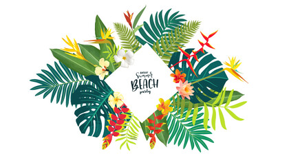 Hawaiian vector tropical floral card. Lush Balinese summer beach party illustration. Goa, Thailand, Brazil beach greenery frame. Maldives vacation parties jungle flower bouquet template